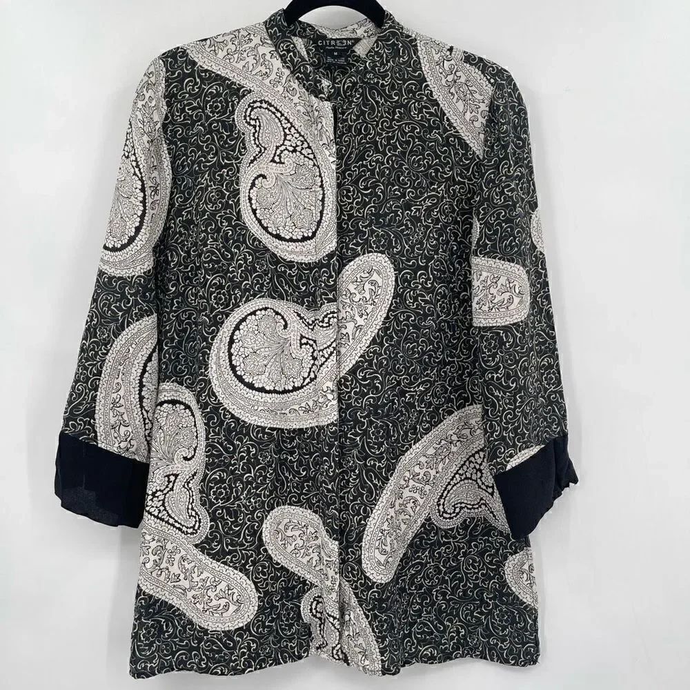 Citron Santa Monica Multicolor Paisley Silk Button Up Tunic Blouse Size Medium